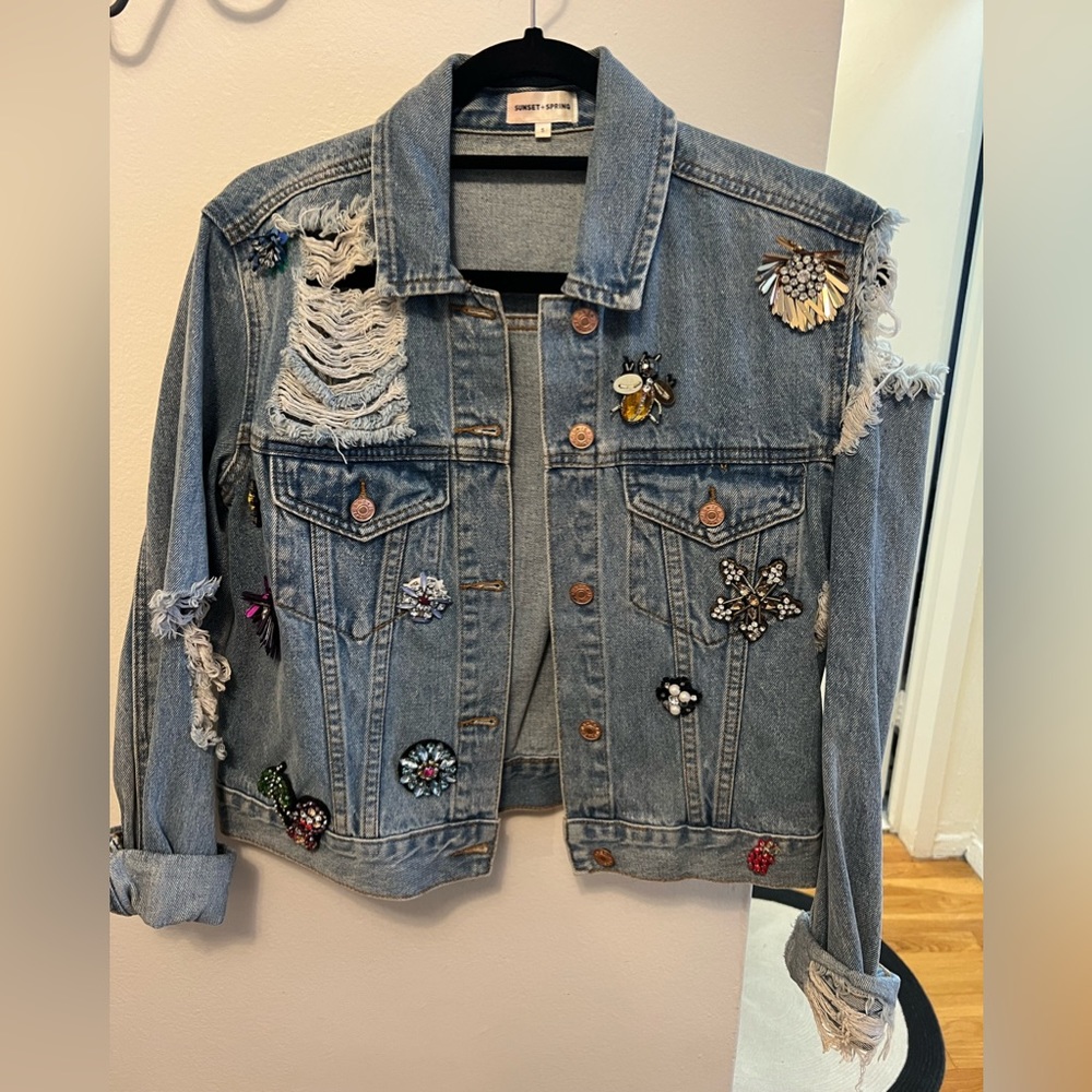 Jeweled ripped denim jacket